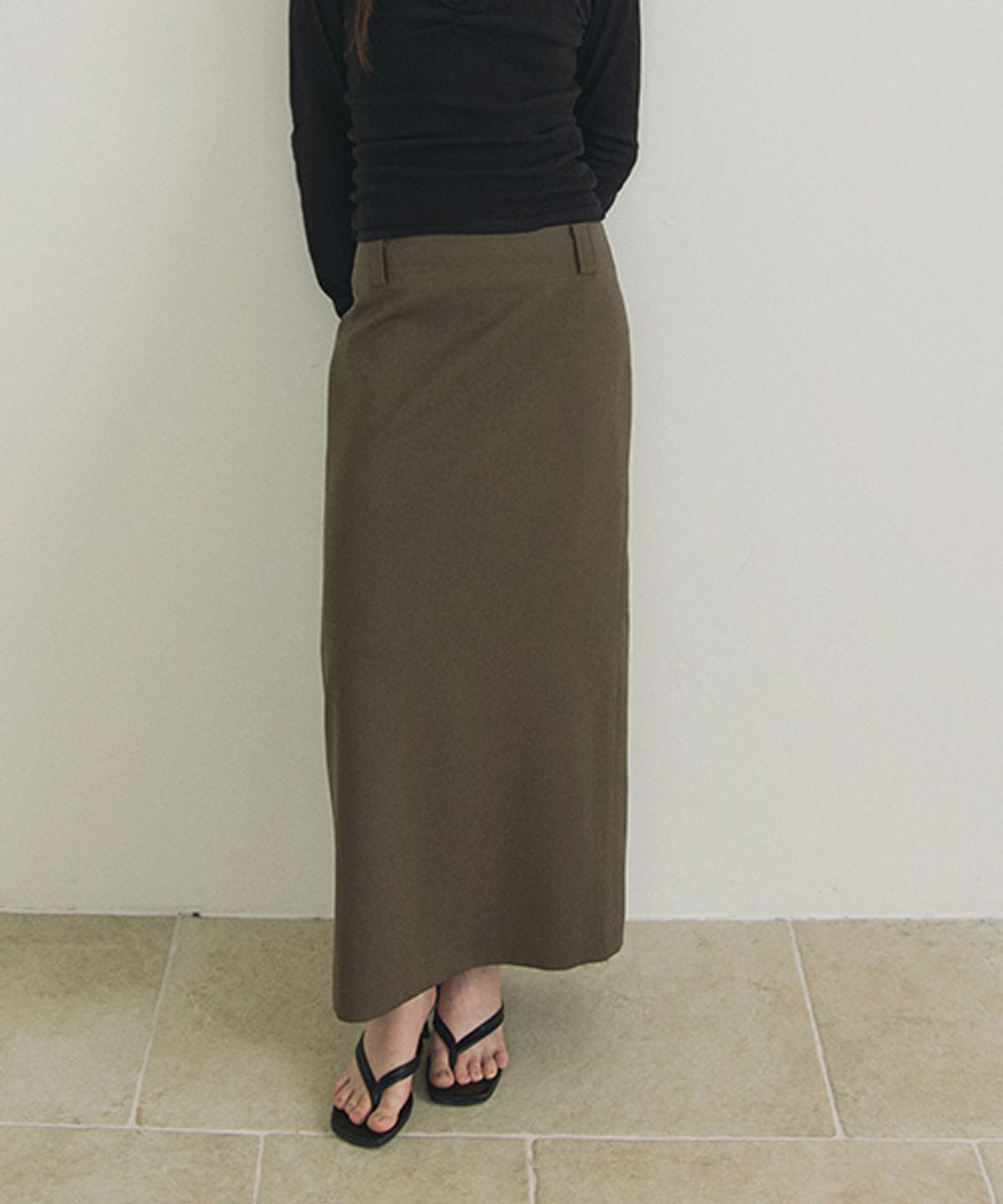 링서울(LINGSEOUL) basic slit long skirt-khaki brown