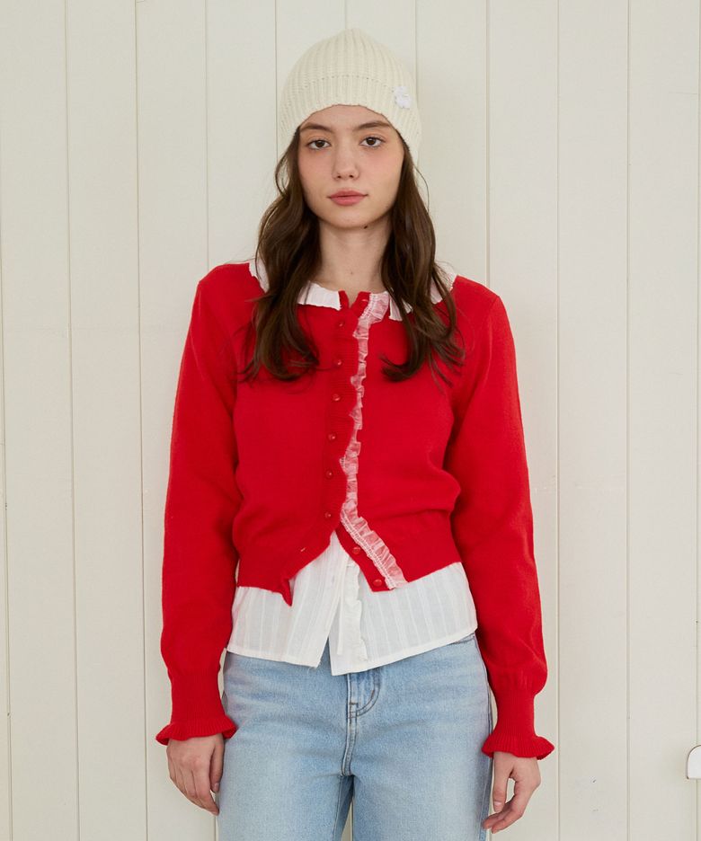 BLOOMING LACE FRILL CARDIGAN_RED