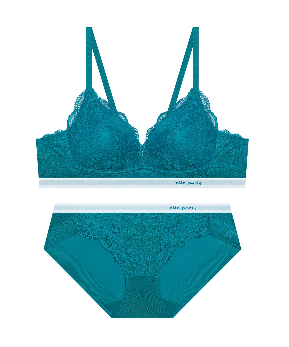 엘르이너웨어(ELLE INNERWEAR) 소프트핏 노와이어 레이스 브라 팬티 세트 - 블루그린