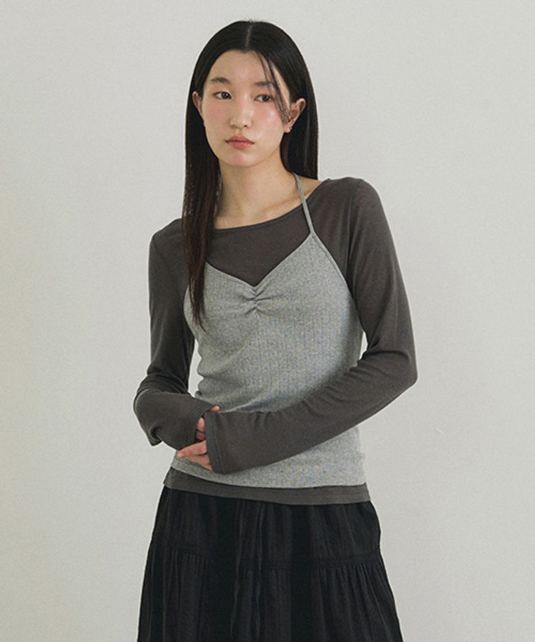 layered halter neck top set-charcoal/melange