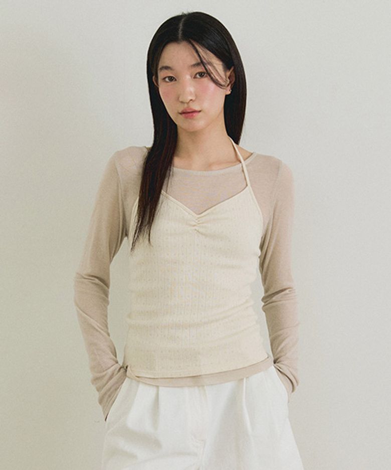layered halter neck top set-ash beige/cream