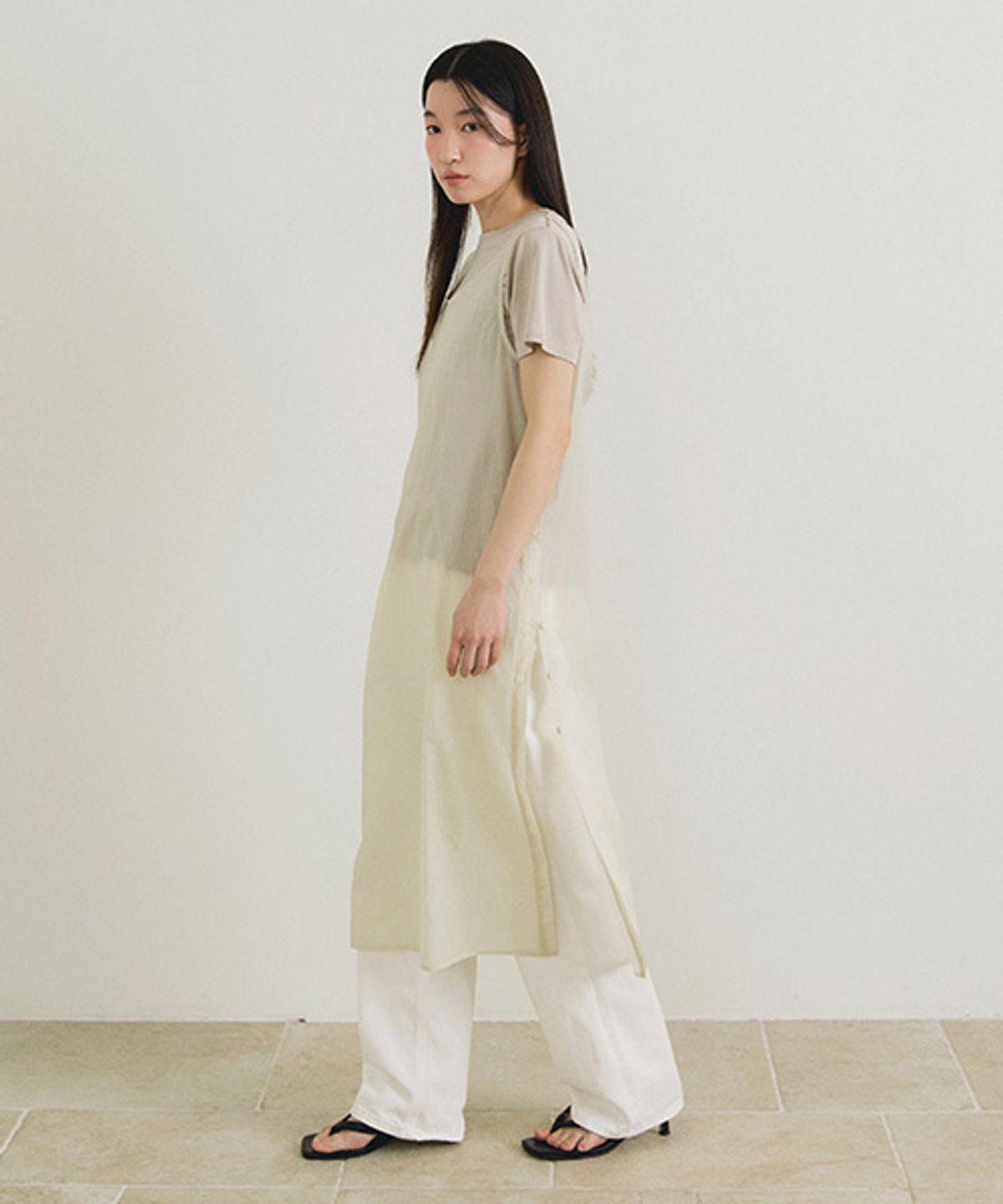 링서울(LINGSEOUL) sheer layered dress-pale olive