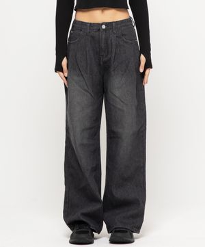 우먼즈 투턱 와이드 데님팬츠[흑청]