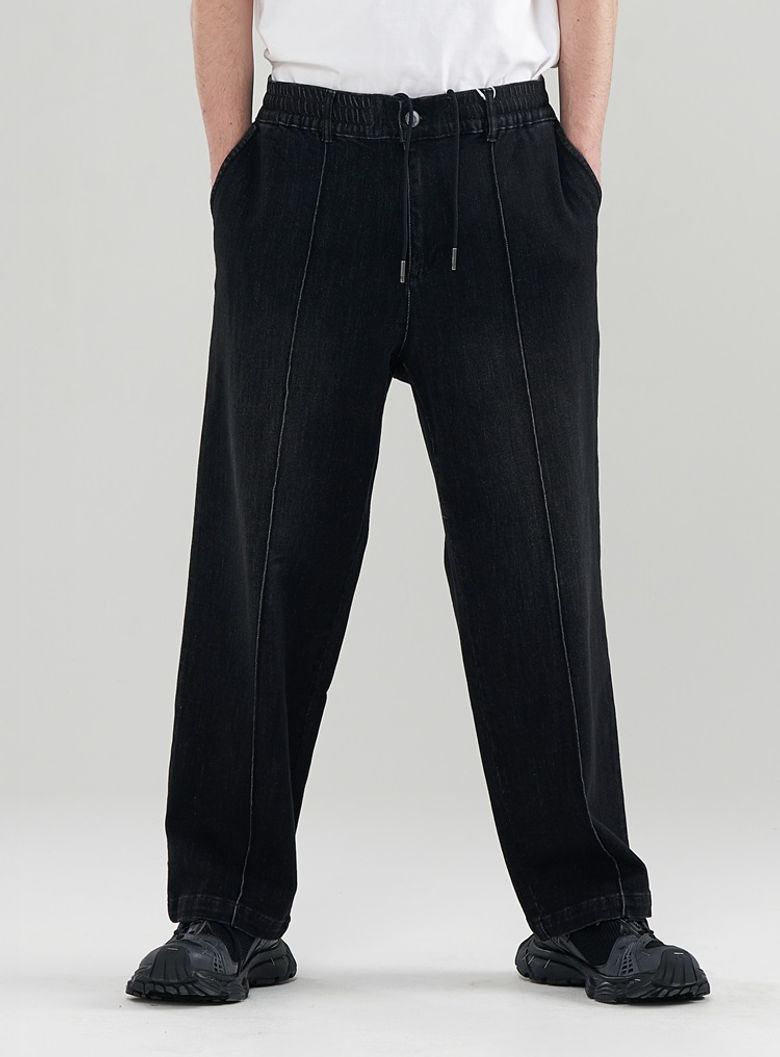 [M~3XL] 워시드 스판 데님 와이드 밴딩 팬츠