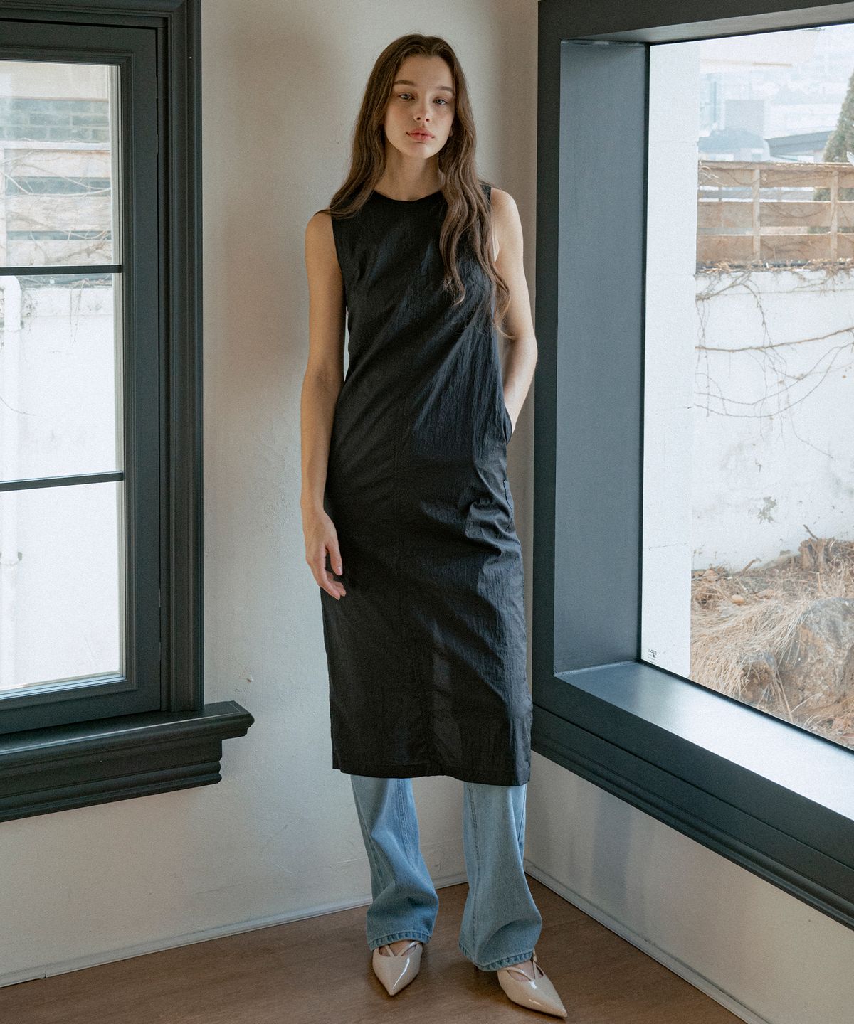 반원 아틀리에(VANONE ATELIER) A3512 시스루 롱 원피스_Black