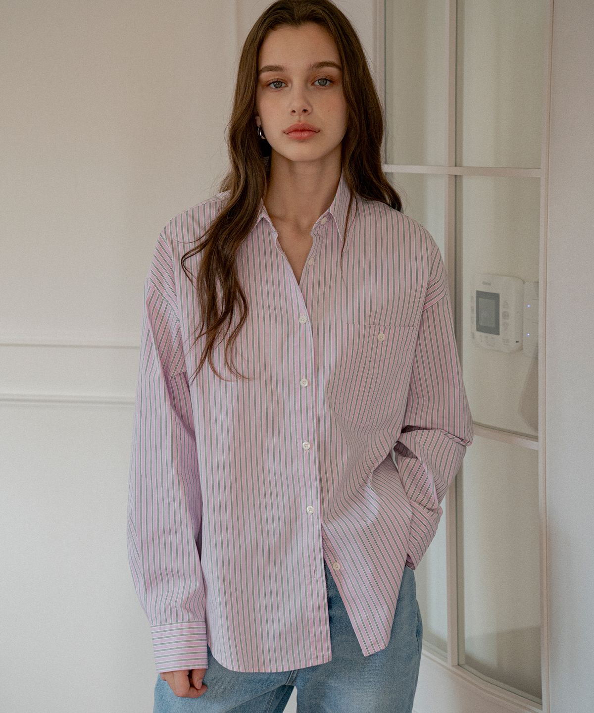 반원 아틀리에(VANONE ATELIER) A3514 멀티 스트라이프 셔츠_Blossom pink