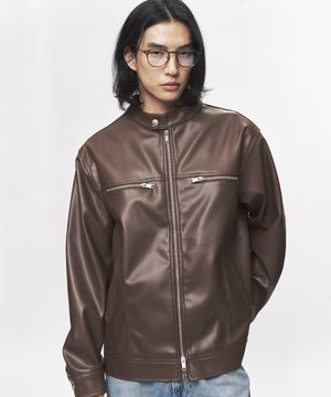 모던 비건 레더 바이커 자켓 [브라운]