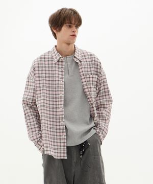 브리즈 오버사이즈 미니 옴브레 체크 셔츠 샌드핑크