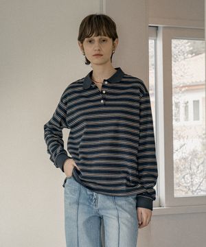 A3520 빈티지 스트라이프 칼라 티셔츠_Dark navy