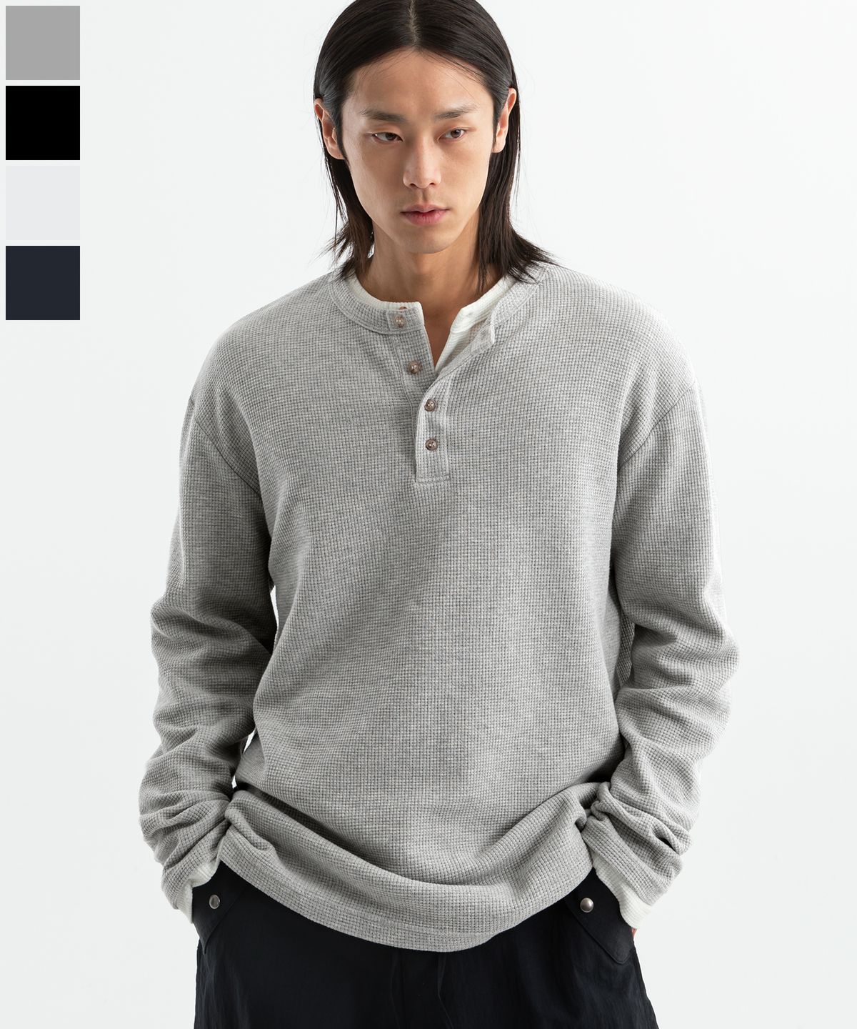 브렌슨(BRENSON) ( Waffle ) 루즈핏 와플 헨리넥 긴팔티 ( 4Color )