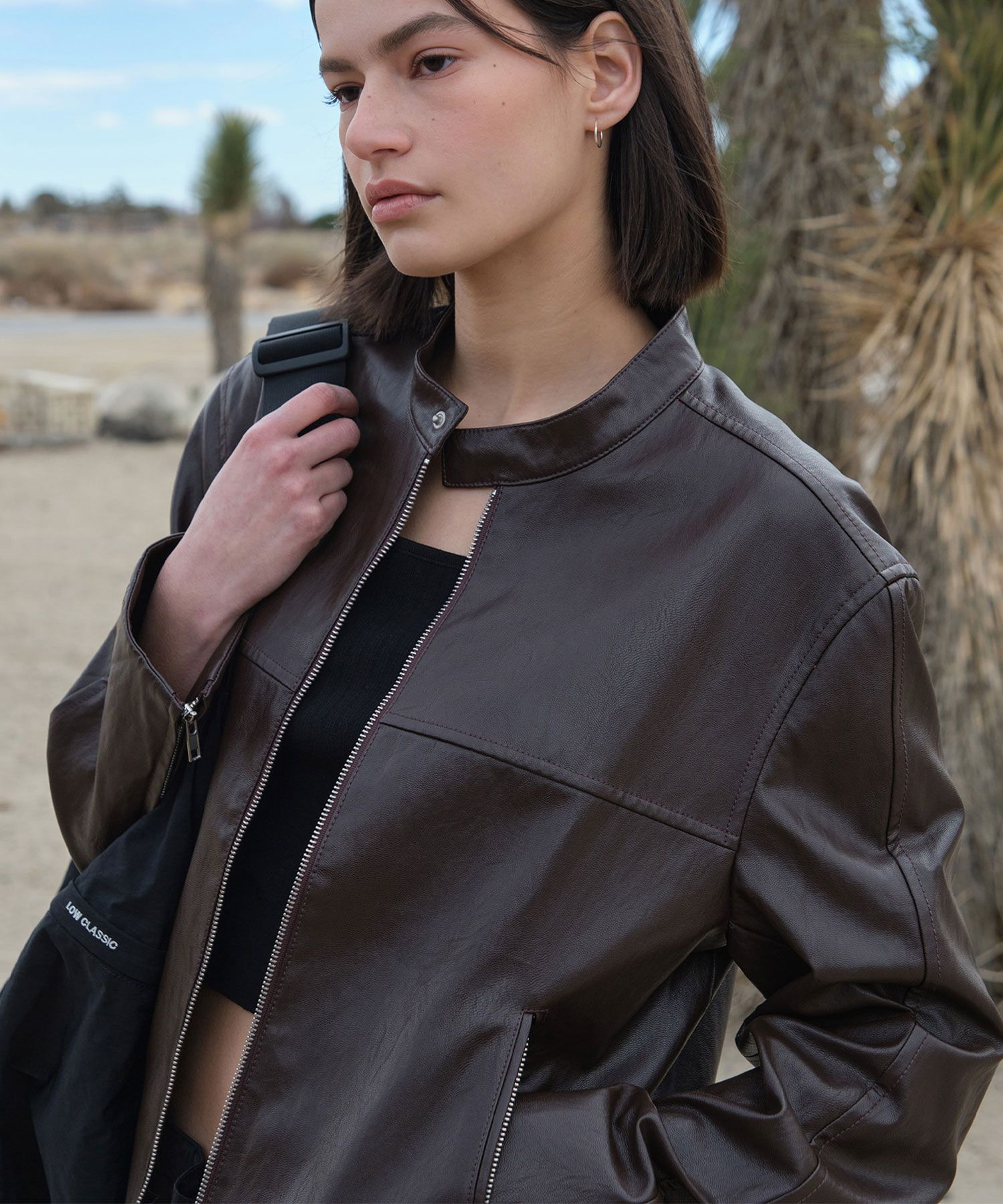 MUSINSA公式 | LOW CLASSIC BANDCOLLAR LEATHER JACKET_BROWN_LC253JK01BR
