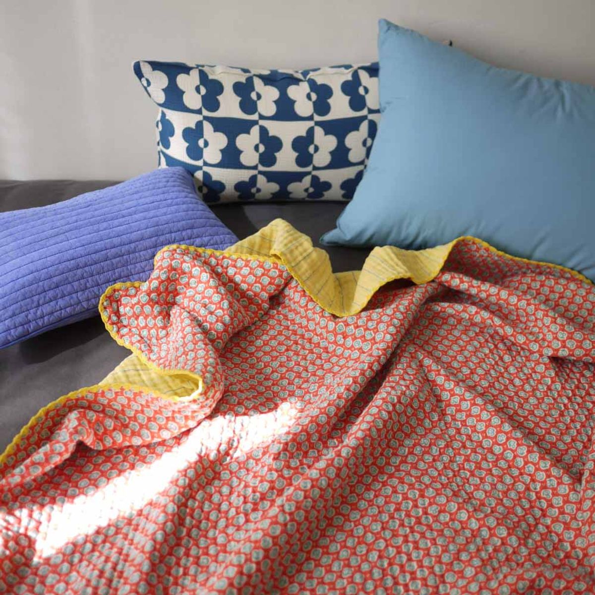 봄봄패브릭스(BOMBOM FABRICS) 4layer gauze blanket/yellow stripe + coral blossom(S,L 2size), 4중 거즈 블랭킷