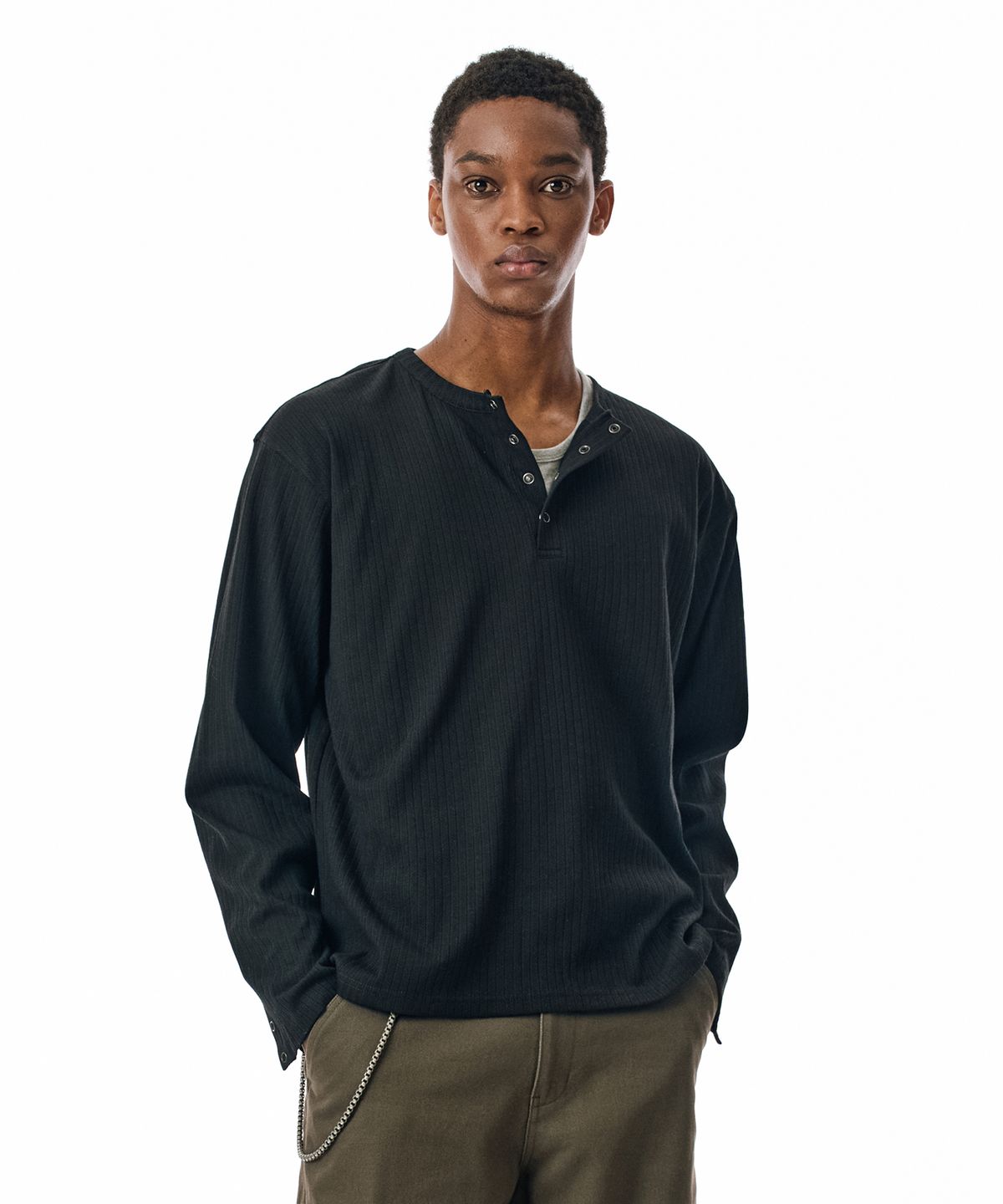 세컨모놀로그(SECONDMONO) Ribbed Henley Knit Long Sleeve [BLACK]_SETS044BLACK