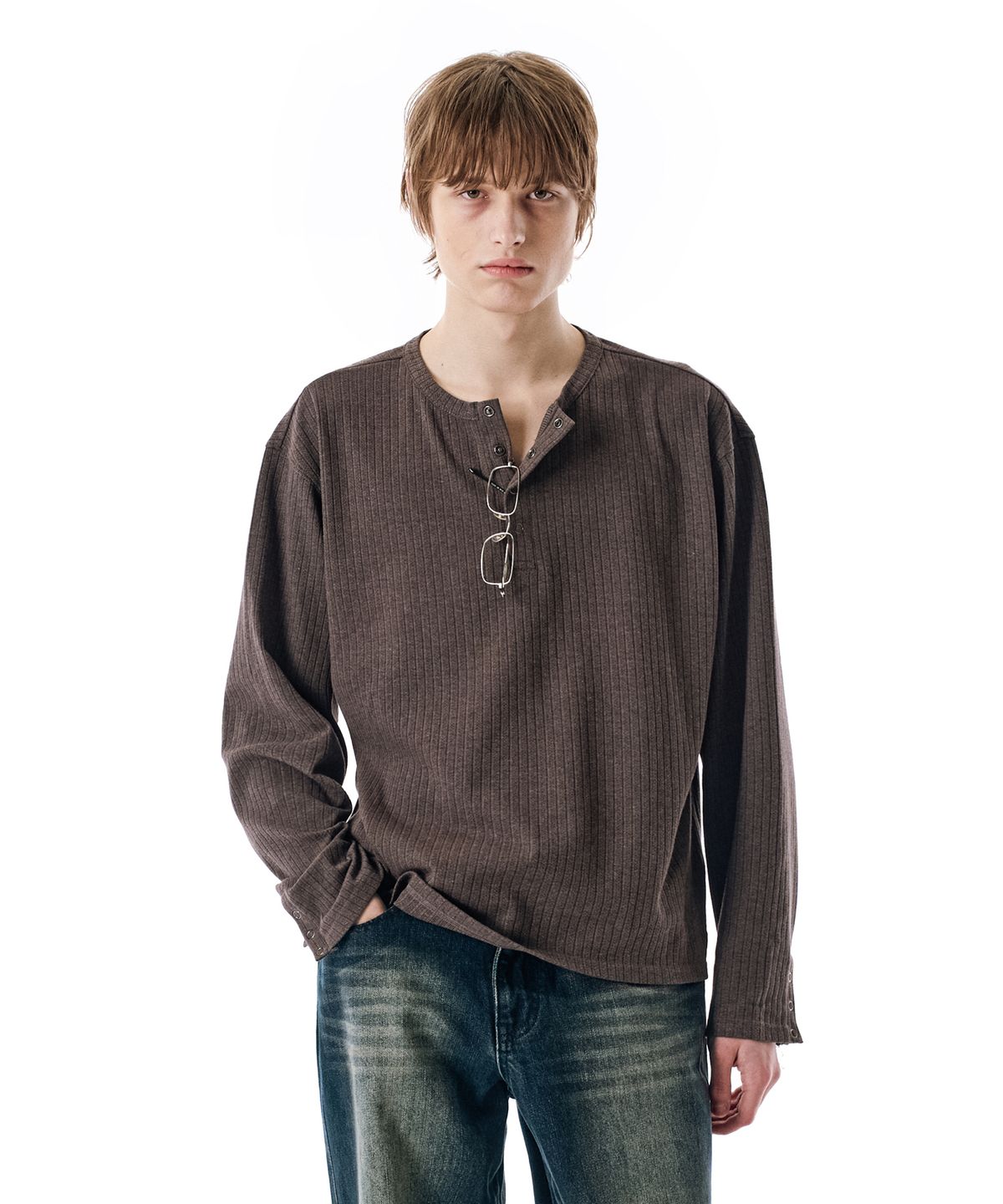 세컨모놀로그(SECONDMONO) Ribbed Henley Knit Long Sleeve [CHARCOAL]_SETS044CHARCOAL