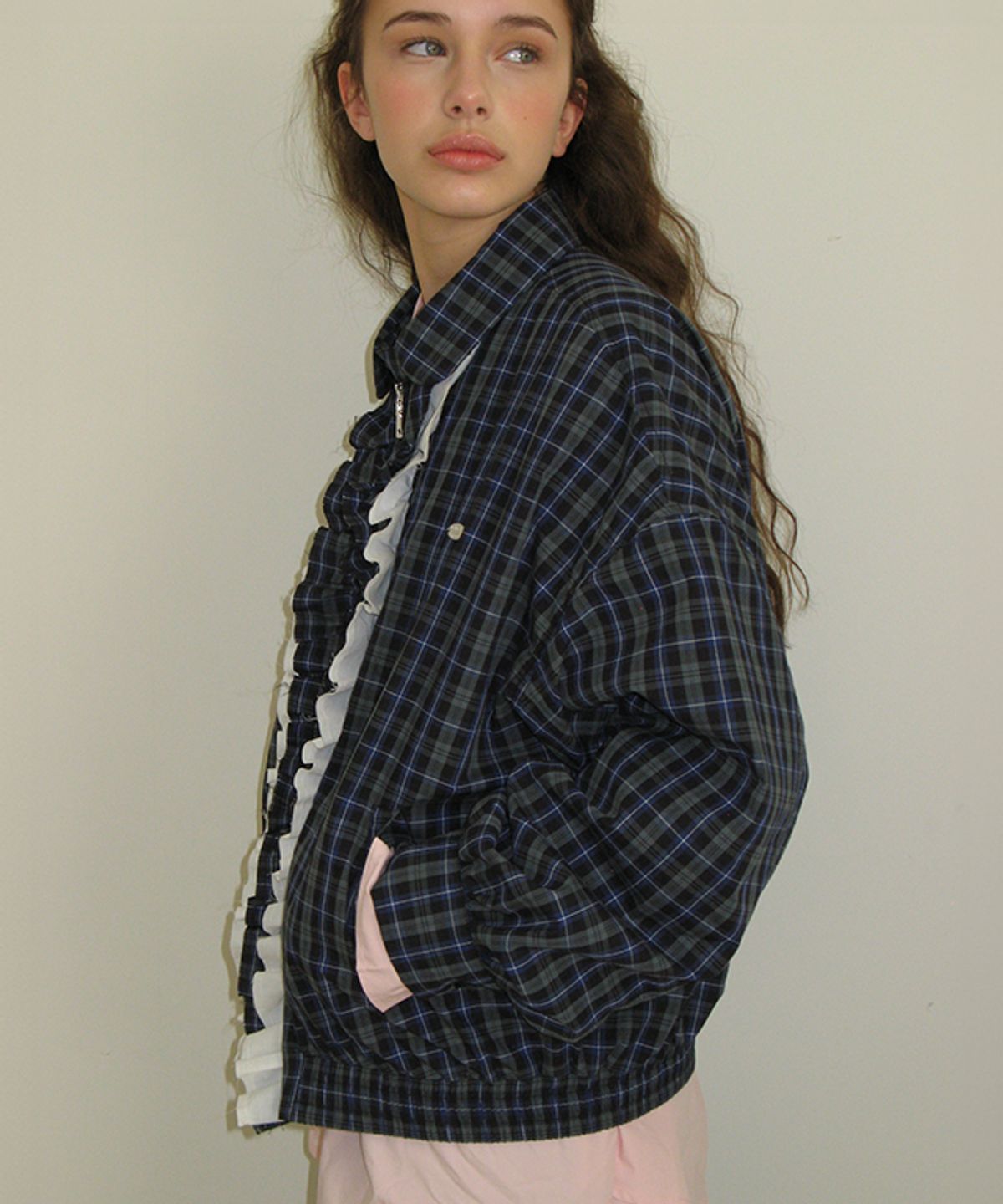 론론(RONRON) VINTAGE RUFFLE BLOUSON GREEN CHECK