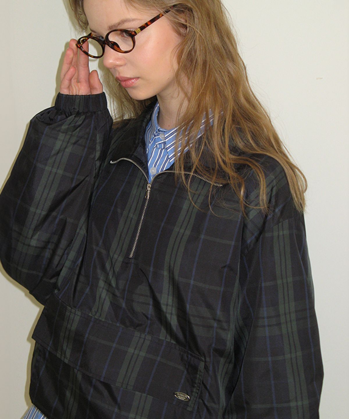론론(RONRON) POCKET HALF ZIP UP ANORAK GREEN CHECK