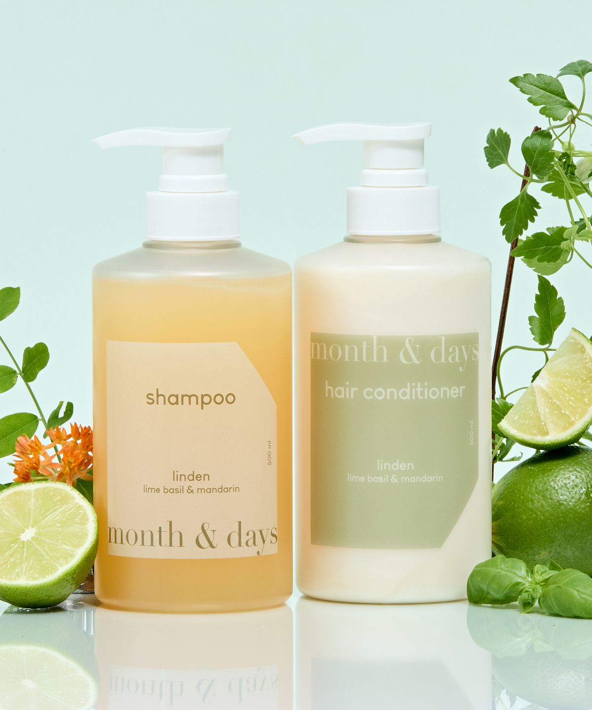 먼스앤데이즈(MONTHNDAYS) 린든 라임바질 앤 만다린 헤어패키지(샴푸 500ml +컨디셔너  500ml)