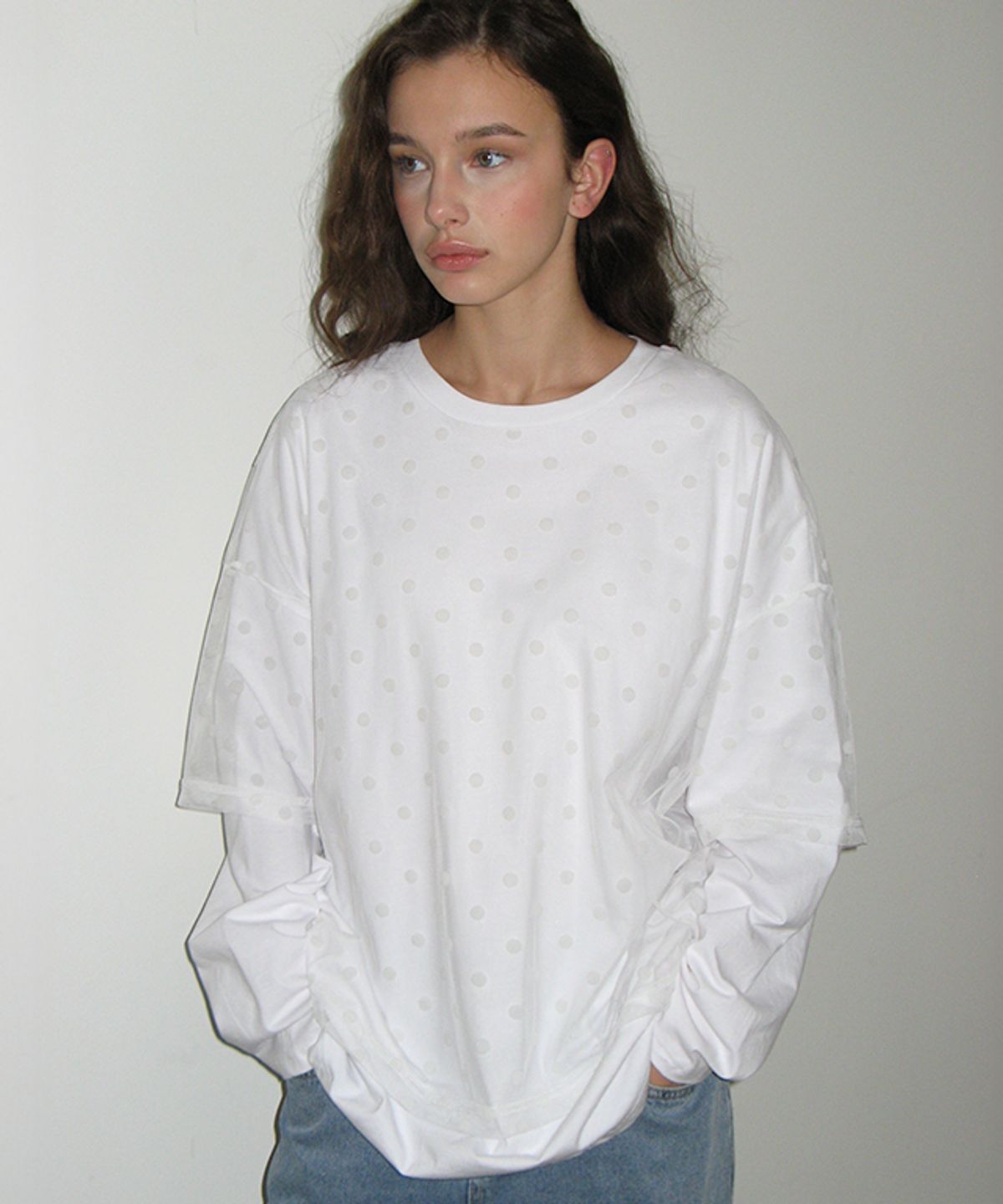 론론(RONRON) DOT SHEER LAYERED LONG SLEEVE WHITE