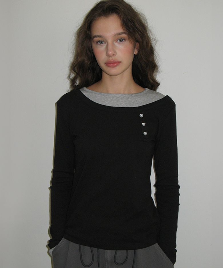 UNBALANCE HEART BUTTON LAYERED T SHIRT BLACK