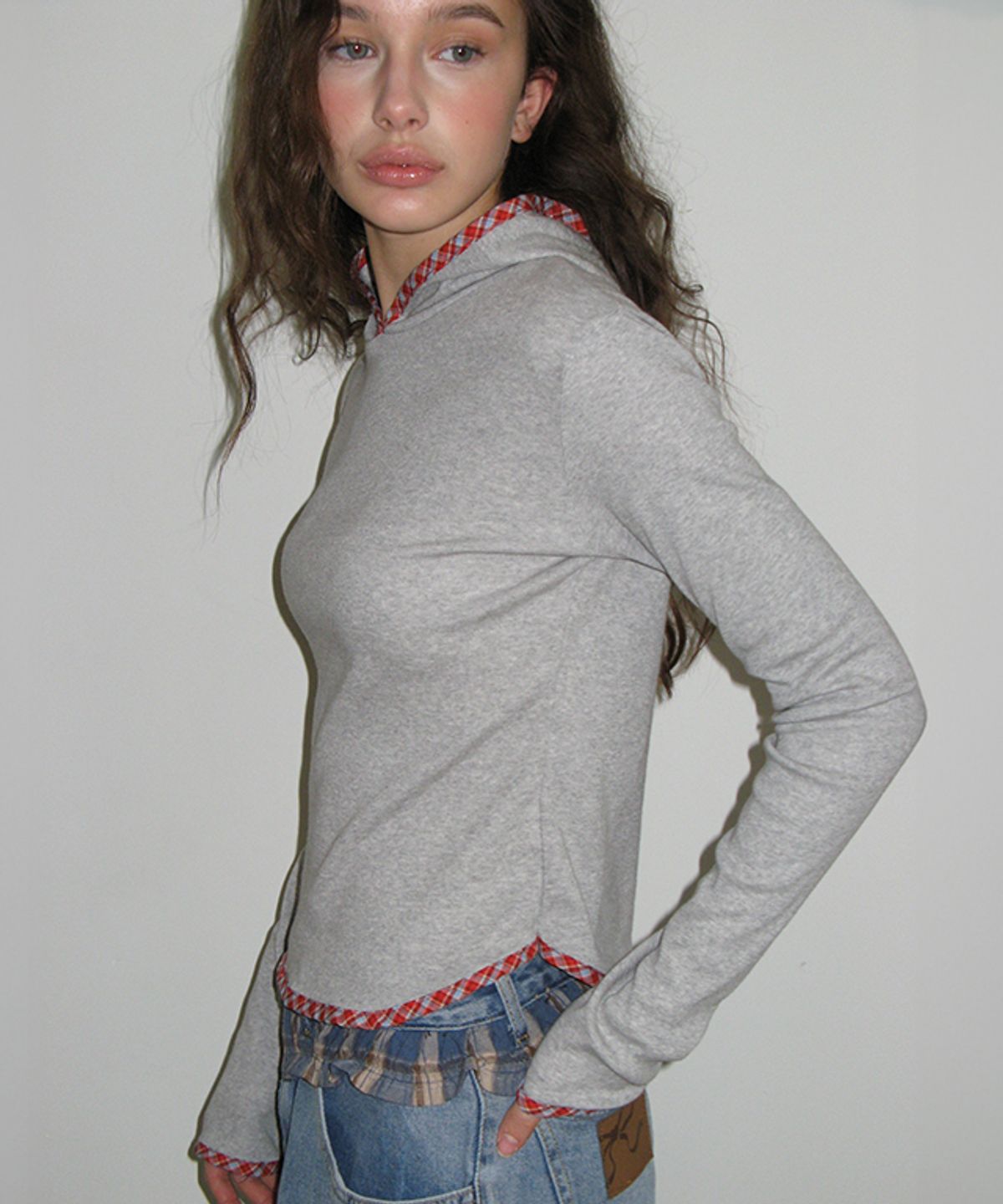 론론(RONRON) LINE POINT SLIM HOODIE LONG SLEEVE CHECK GREY