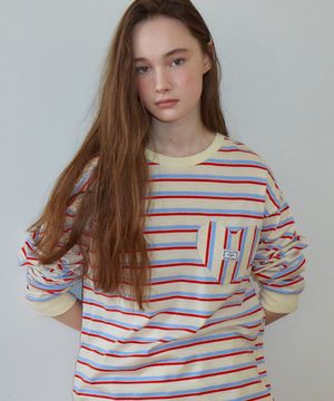 MULTI STRIPE HEART POCKET OVER FIT LONG SLEEVE T SHIRT IVORY RED