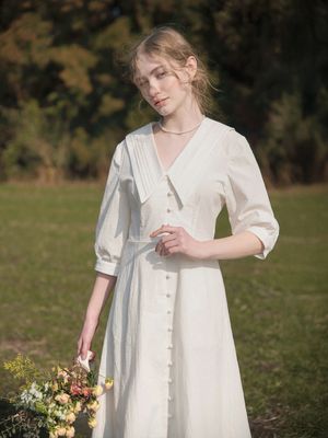 ROMIN V neck pintuck collar dress_WHITE