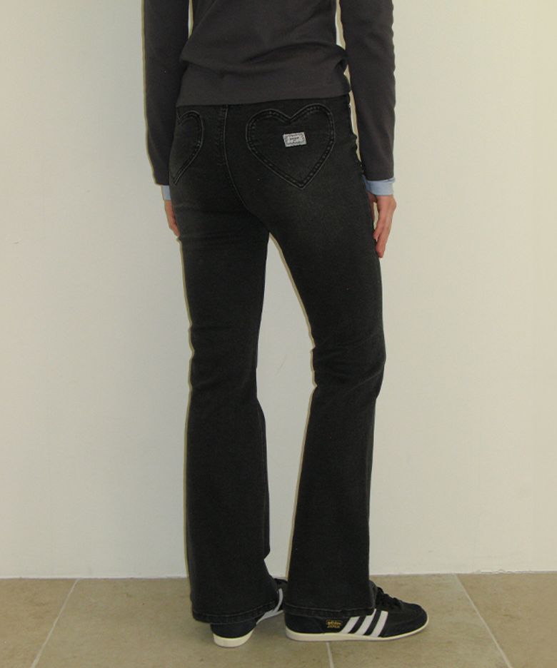 BACK HEART STITCH POCKET BOOTSCUT DENIM SPAN PANTS GREY