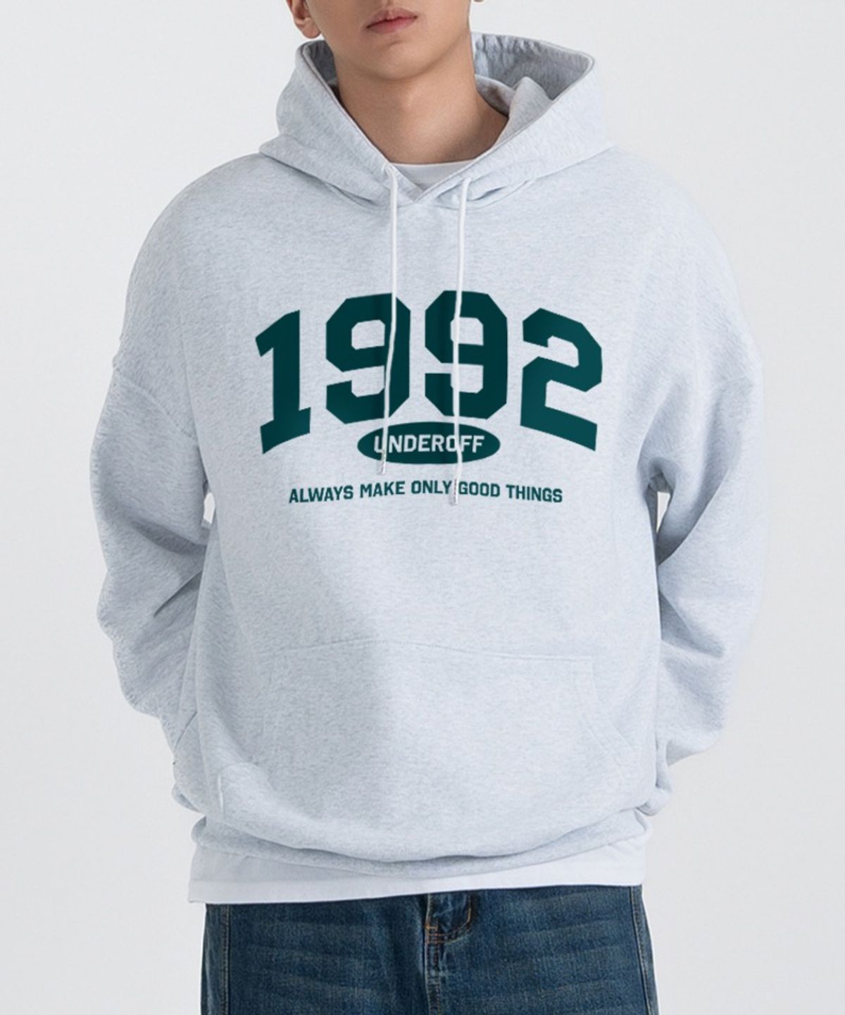 언더오프(UNDEROFF) 오버핏 스웨트 후디 1992아치 화이트멜란지