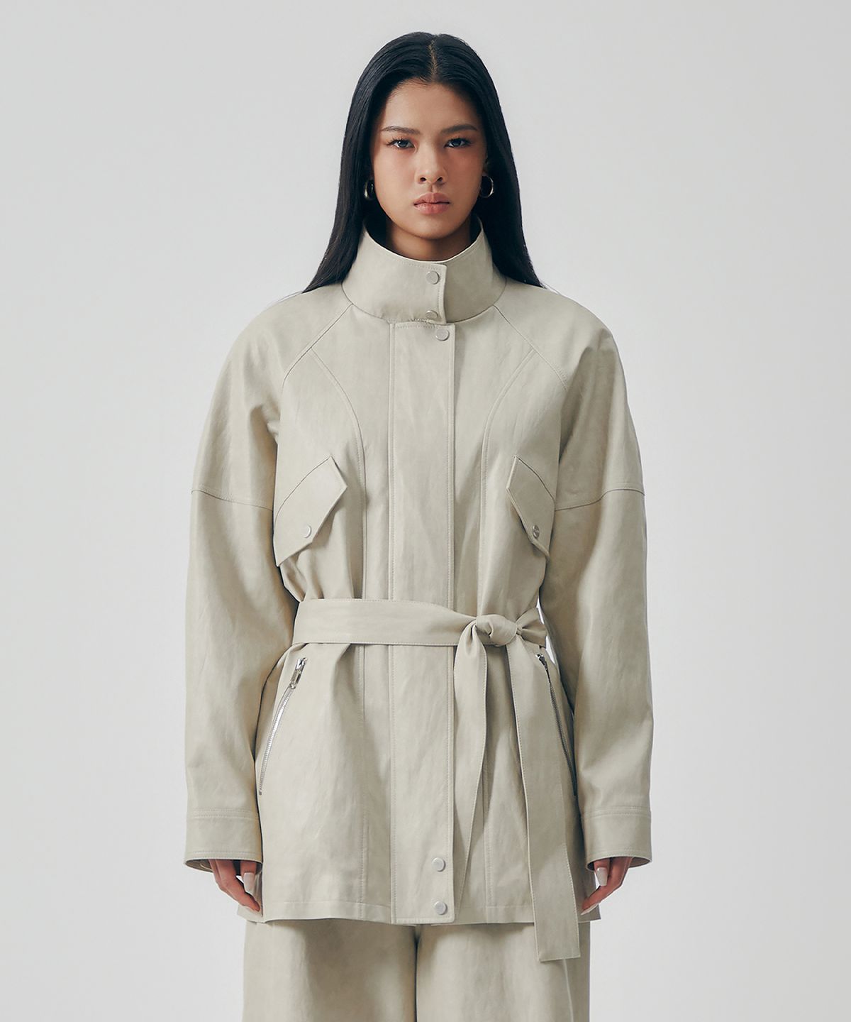 트리밍버드(TREEMINGBIRD) Distressed Leather Set-up Jumper [ Beige ]