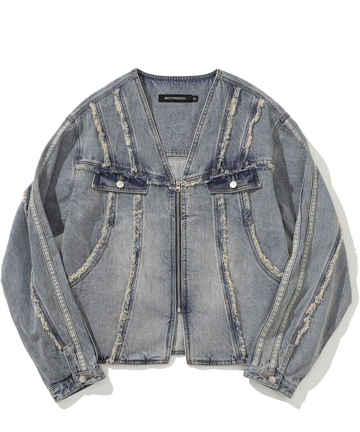 낫포너드(NOT4NERD) Cut Off Side Line V-Neck Denim Jacket - Light Blue