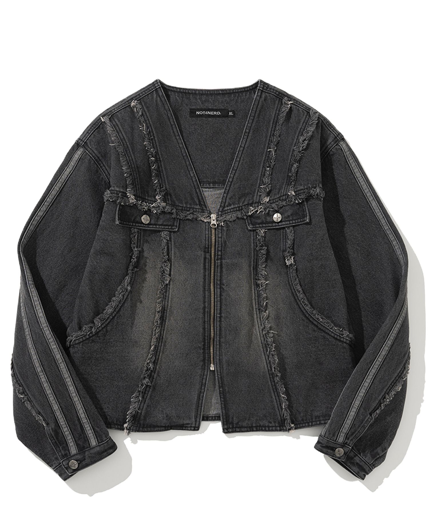 MUSINSA | NOT4NERD Cut Off Side Line V-Neck Denim Jacket - Black