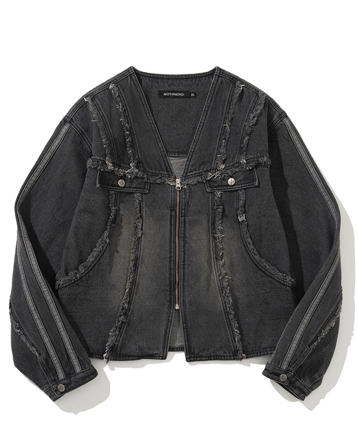 낫포너드(NOT4NERD) Cut Off Side Line V-Neck Denim Jacket - Black