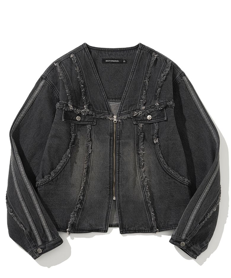 Cut Off Side Line V-Neck Denim Jacket - Black