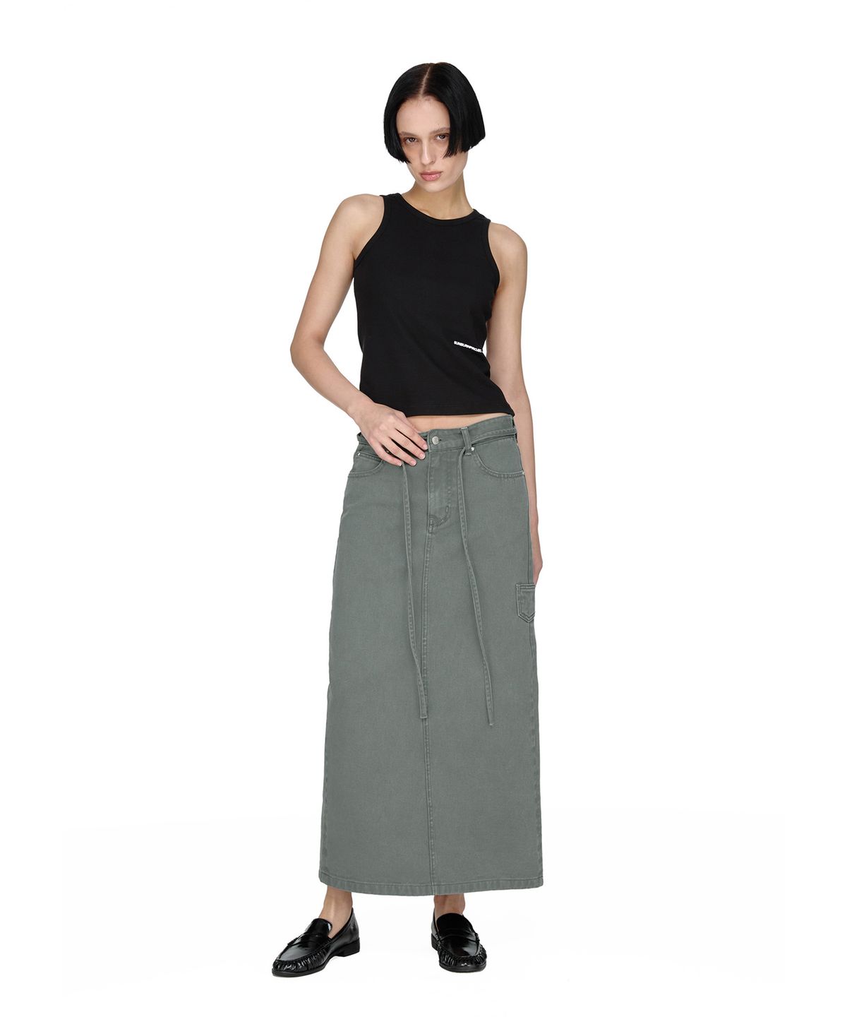 썬번프로젝트(SUNBURNPROJECT) String Color Denim Maxi Skirt, KHAKI