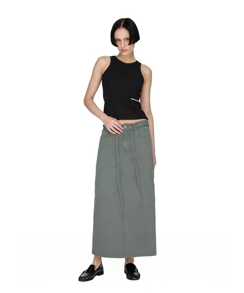 String Color Denim Maxi Skirt, KHAKI