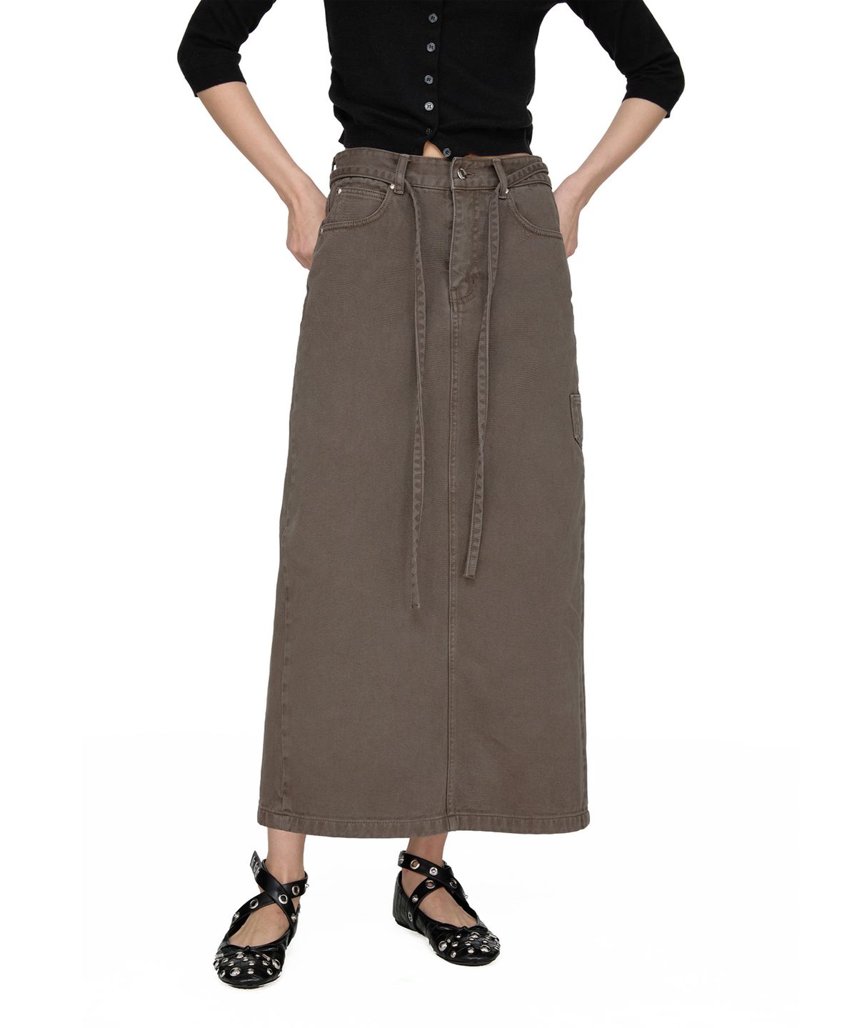 썬번프로젝트(SUNBURNPROJECT) String Color Denim Maxi Skirt, BROWN