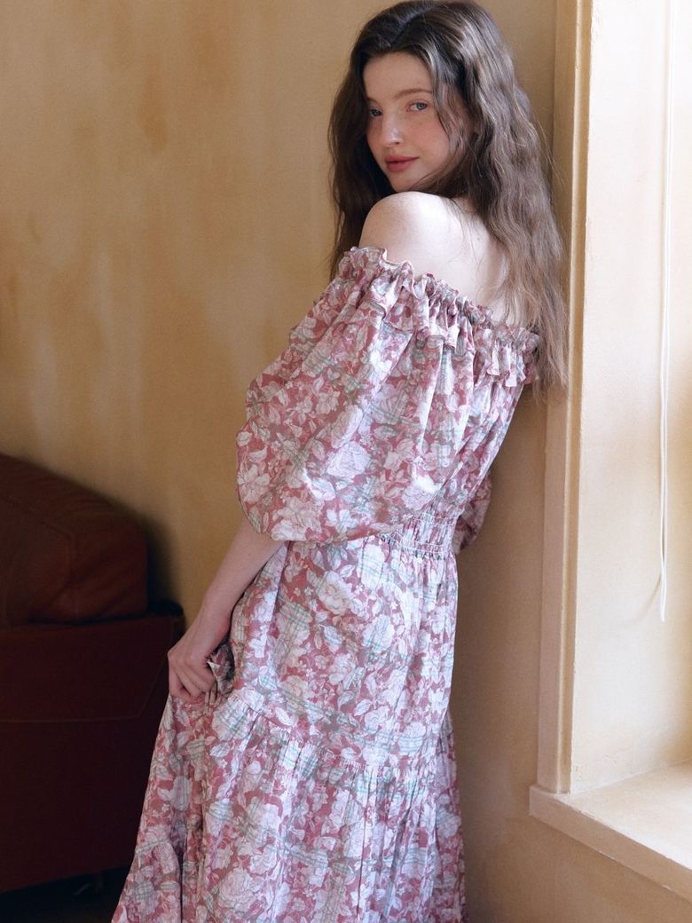 flower cancan off shoulder long dress_pink
