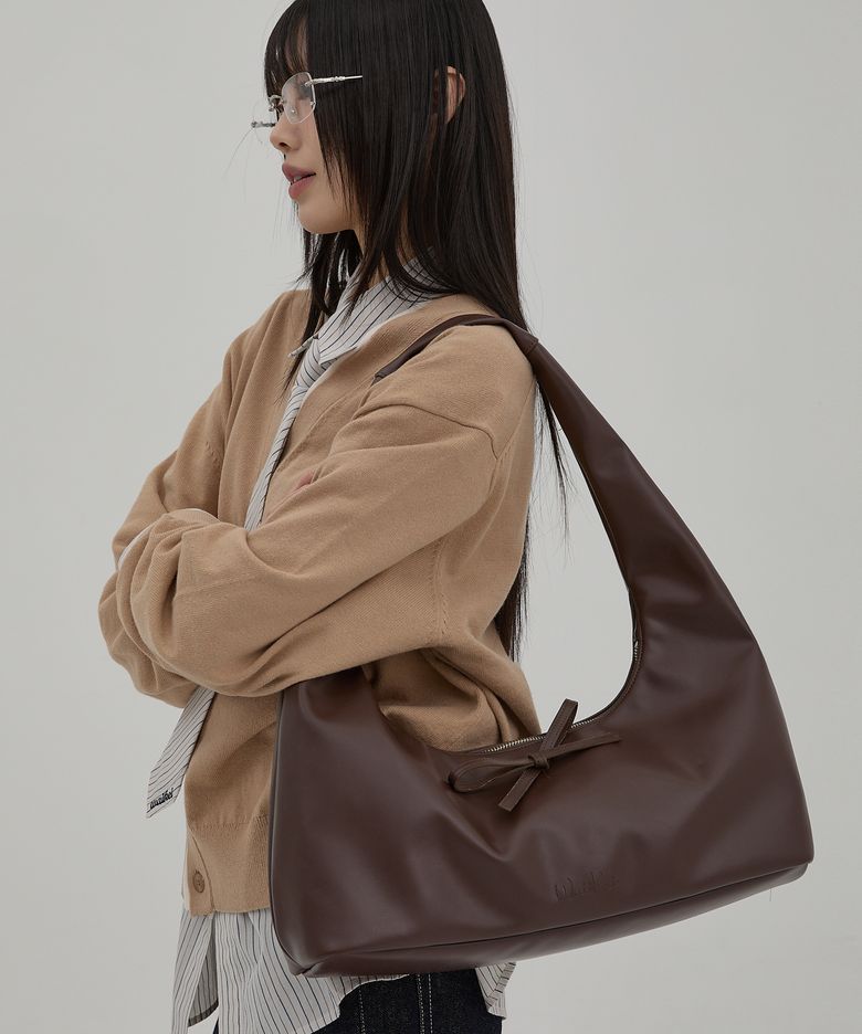 아티피셜 레더 리본 호보백 브라운