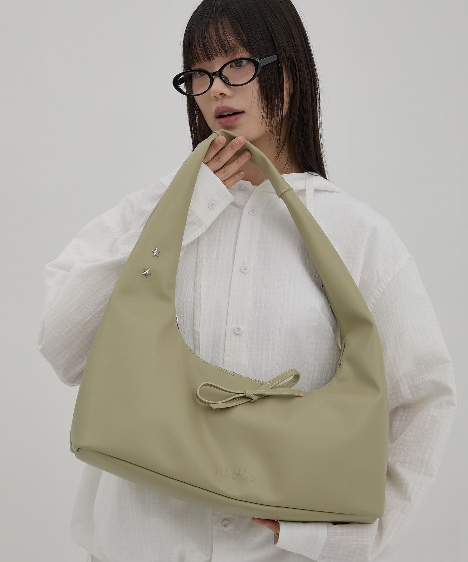 ★Wai Kei★ Artificial Leather Ribbon Hobo Bag Black YKBE01A Vegan Leather Ribbon Hobo Bag BLACK - waikei