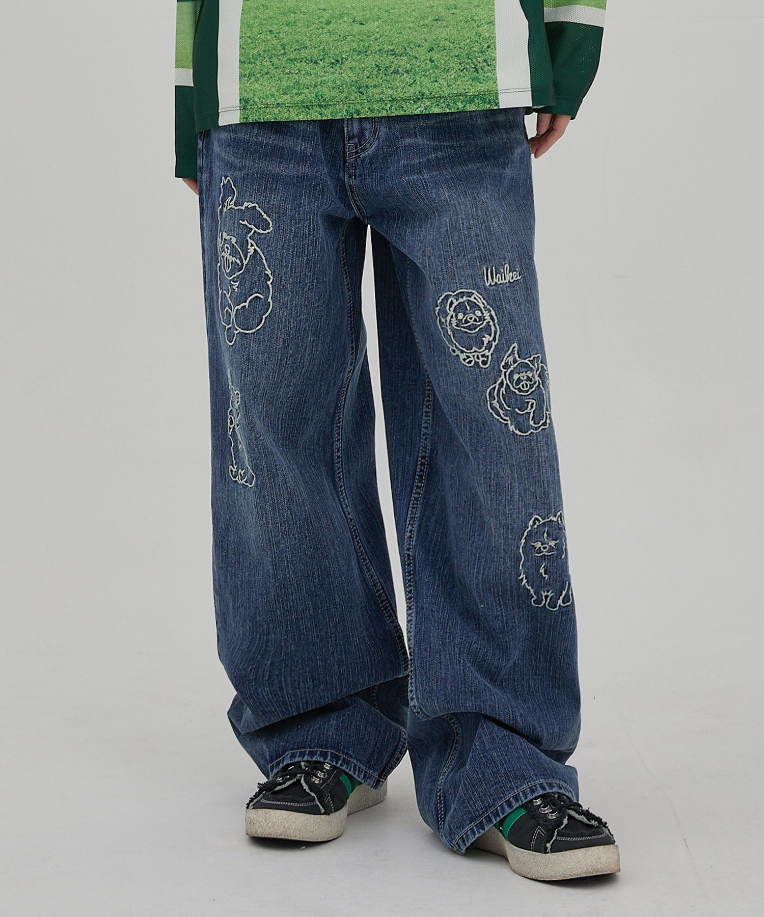☆Wai Kei☆ Maltese Crew Line Embroidered Denim Pants Light MUSINSA | WAI KEI Maltese Crew Line Embroidered Denim Pants