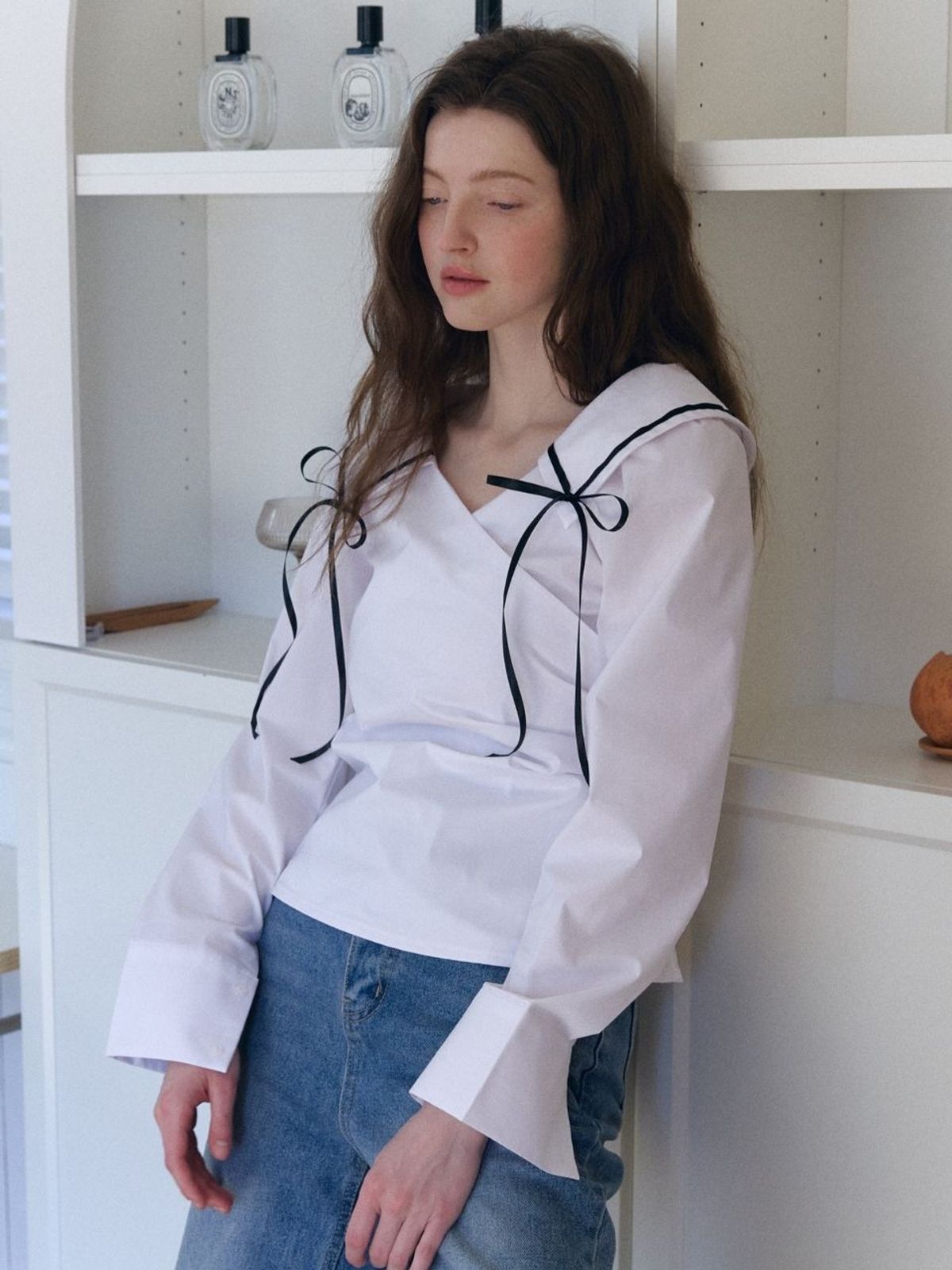 패브릭서울(FABRICSEOUL) ribbon collar wrap blouse_ivory
