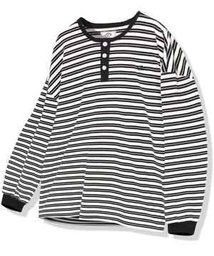 스트라이프 헨리넥 티셔츠 - 블랙