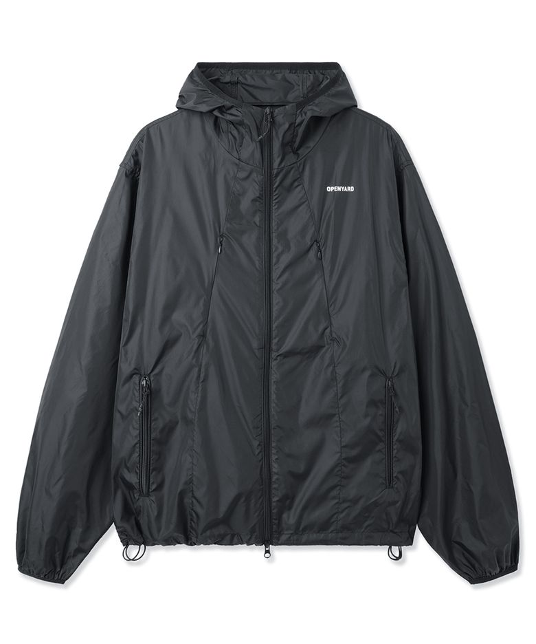 CURVED ZIPPER LIGHT SHELL JACKET - BLACK