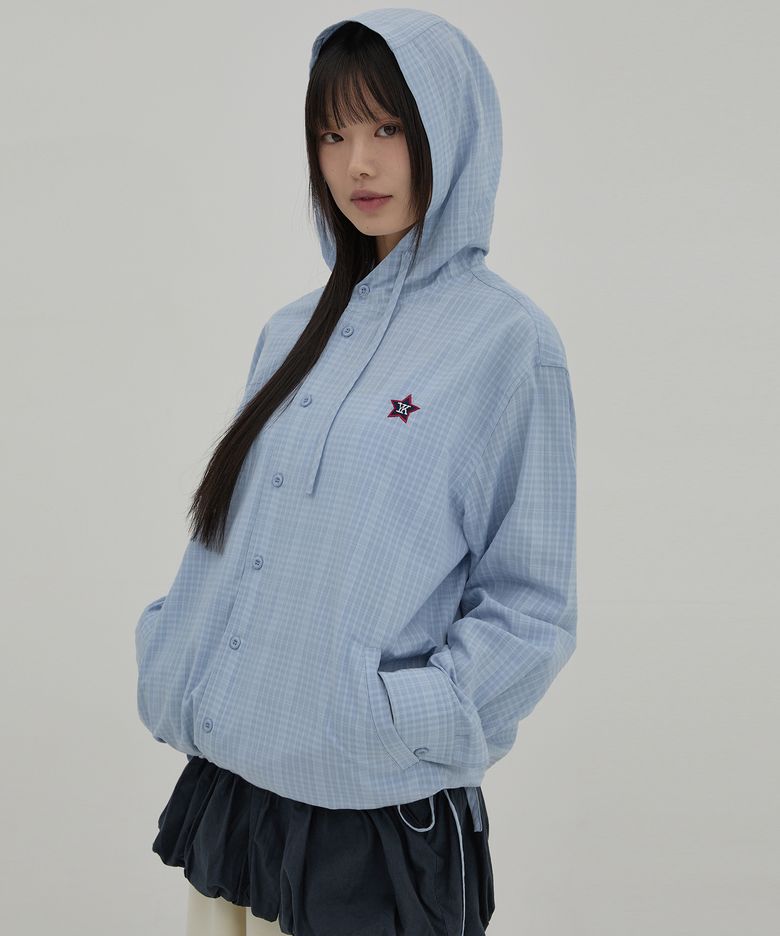YK 체크 후드 셔츠 스카이블루