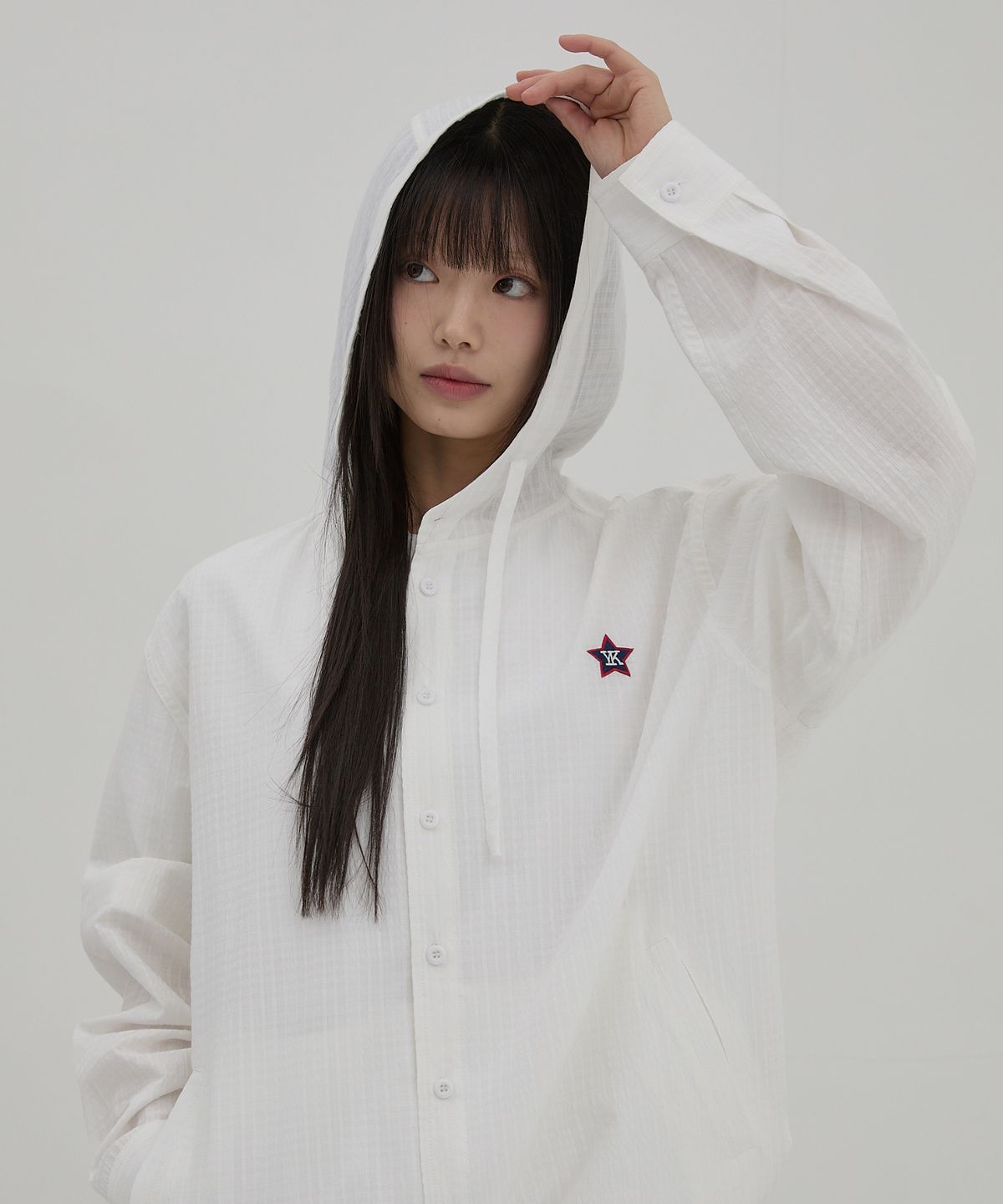 와이케이(WAIKEI) YK 체크 후드 셔츠 화이트