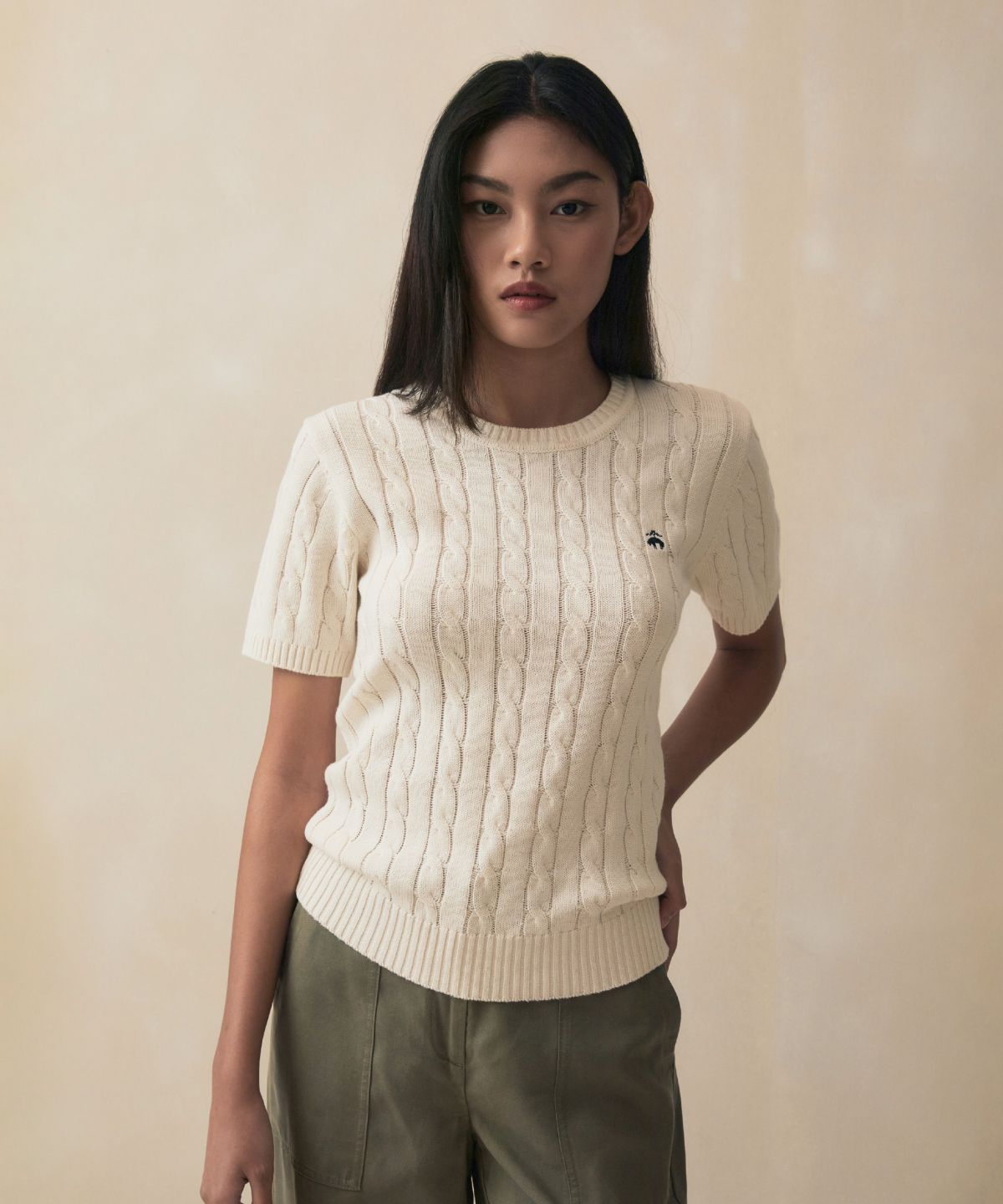 브룩스 브라더스(BROOKS BROTHERS) [여성] 코튼 케이블 크루넥 반팔 스웨터 (화이트) (BBWRWB201AAFM)