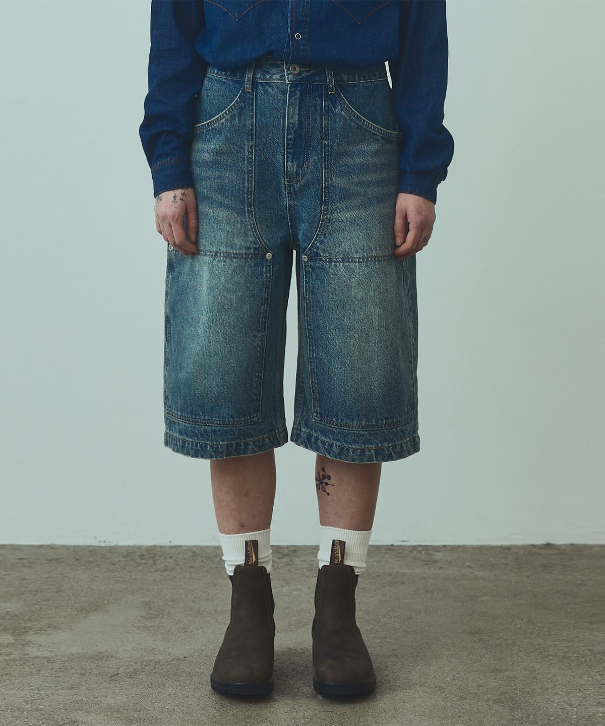 유니폼브릿지(UNIFORM BRIDGE) bermuda carpenter denim shorts 12.5oz(womens) indigo washed