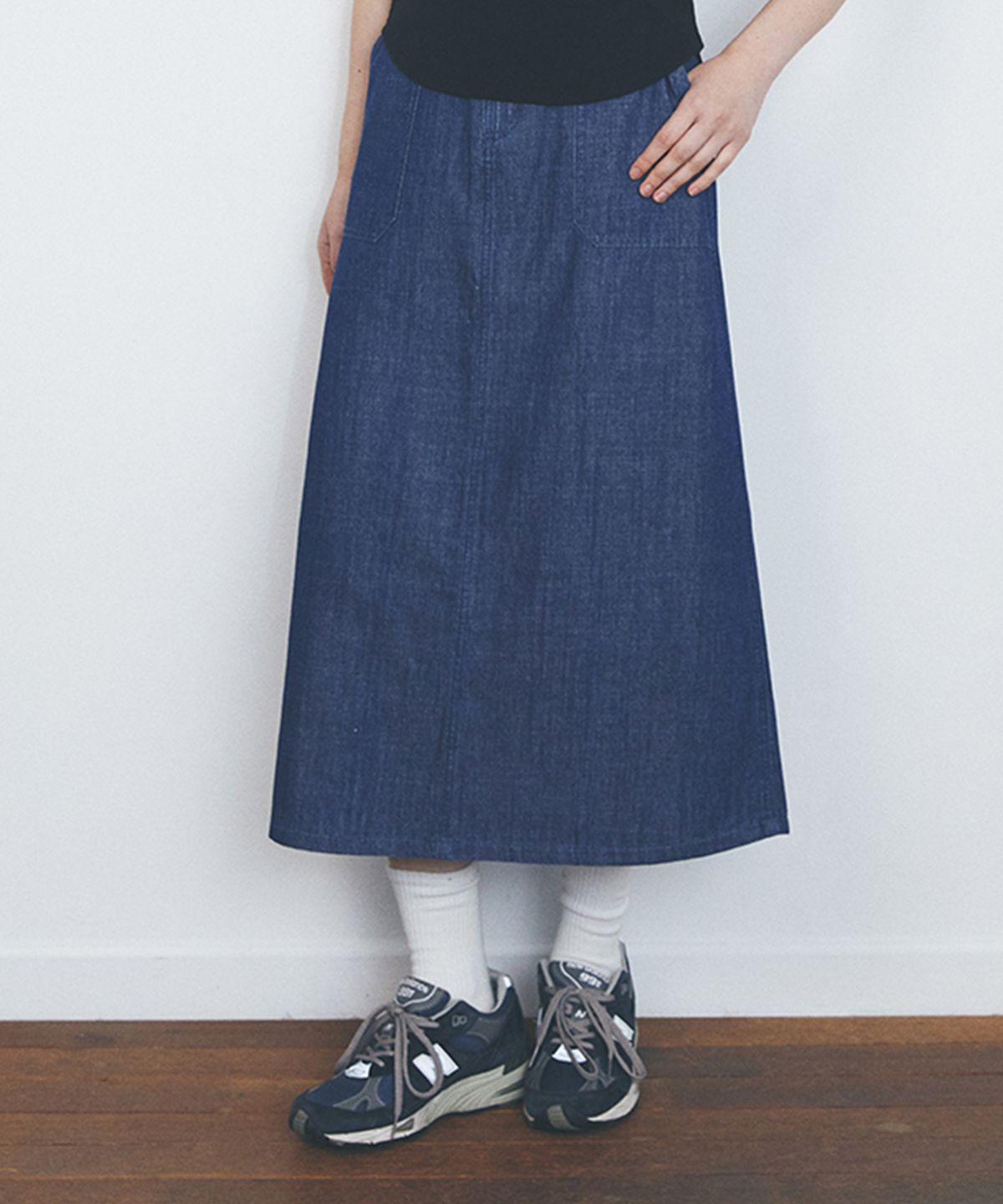 컬럼비아 유니버시티(COLUMBIA UNIVERSITY) COLUMBIA TRAJAN LABEL BELTED DENIM LONG SKIRTS 미드나잇데님