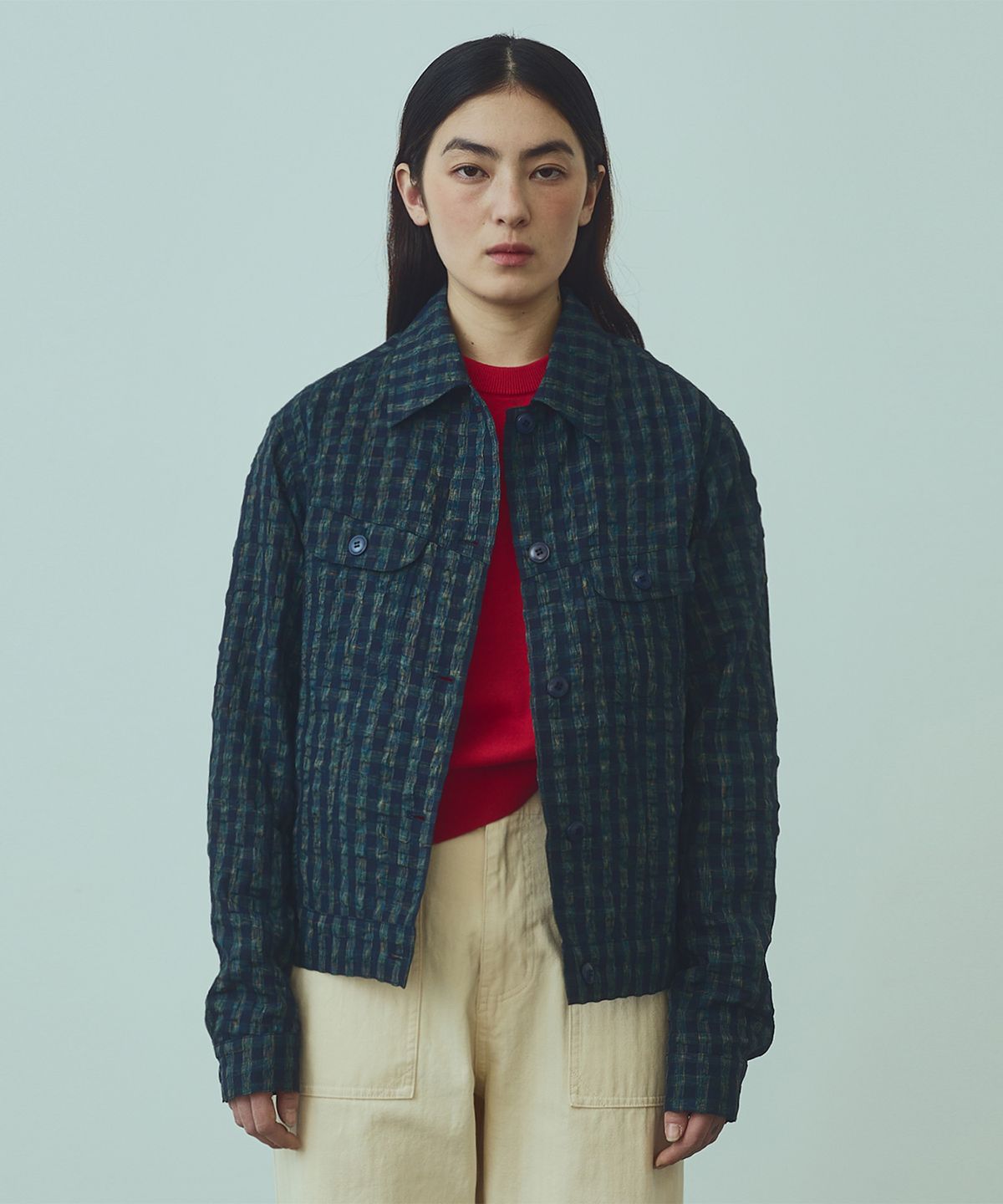 유니폼브릿지(UNIFORM BRIDGE) type-3 check trucker jacket(womens) navy