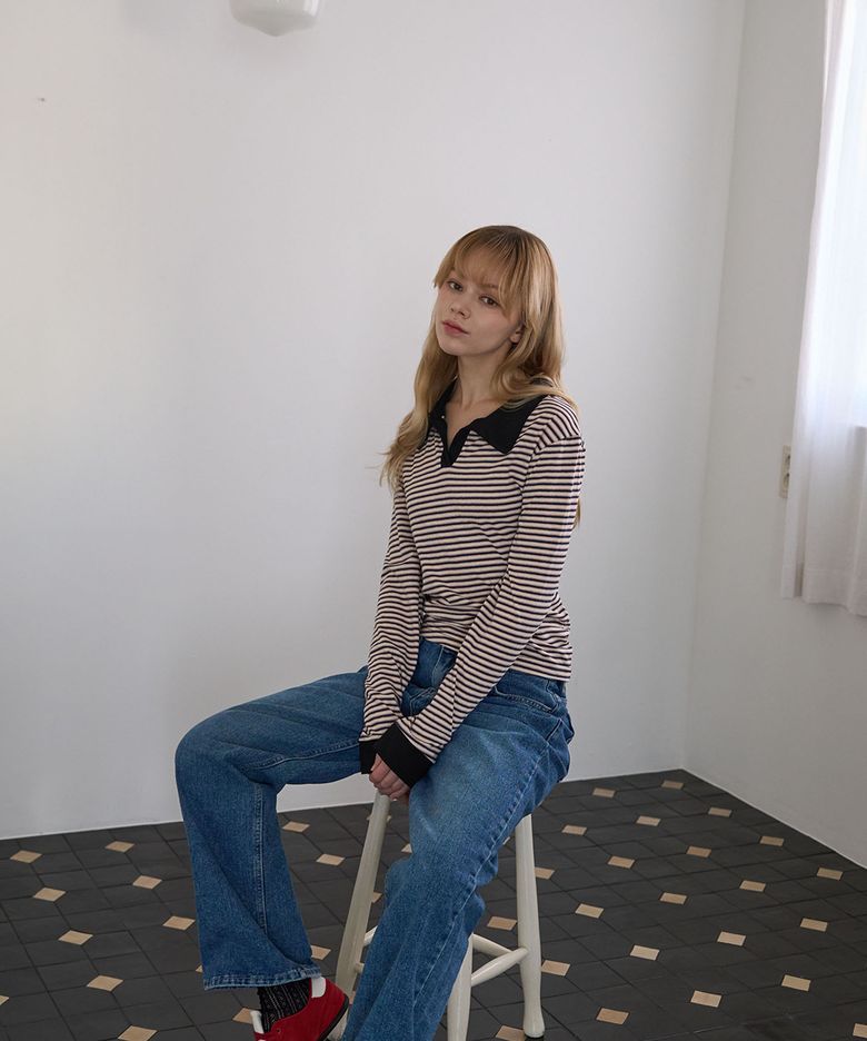 브이넥 카라 스트라이프 롱슬리브 블랙